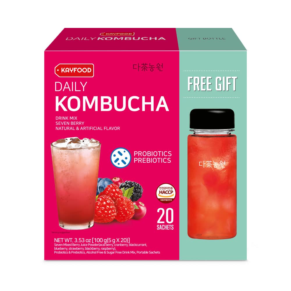 KAYFOOD Daily Kombucha Powder Tea 5g x 20 sticks with Bottle Sugar Free Diet Tea (SevenBerry Bottle Set)