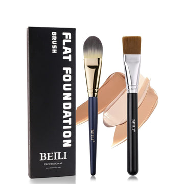 BEILI at Foundation Brush and Square Foundation Brush for Liquid Cream Facial Mask Concealer Makeup Premium Soft Synthetic Contour Brush for Blending Liquid Cream Foundation Emulsion Cosmetics 2Pcs