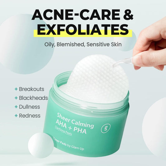 Glam Up AHA PHA Trouble Care Toner Pads | Calming, Exfoliating, Pore Cleansing Korean Skincare Toner Pads for Sensitive Skin | Vegan Bamboo Cotton Face Gauze (65 Pads)