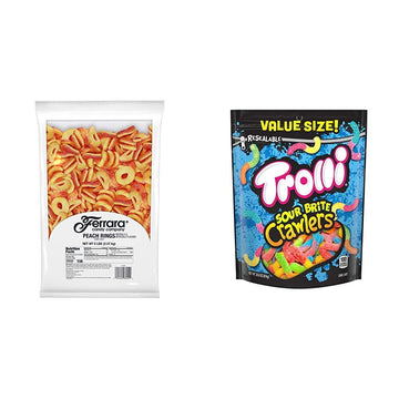 Trolli Peachie O's Sour Gummy Rings Candy, 80 Ounce (Pack of 1) Resealable Bulk Candy Bag & Sour Brite Crawlers Gummy Wo