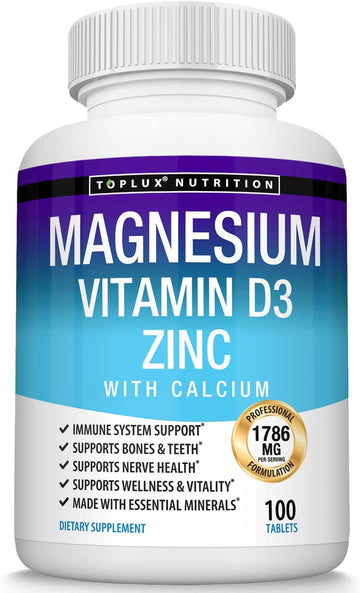 Toplux Magnesium Zinc Calcium Vitamin D3 Complex  Essential Minerals Formulated For Immune System Support, Sleep, Muscl