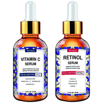 WUMAL 2 Pack Serum Set - Vitamin C Serum, Retinol Serum for Firming, Brightening & Hydrating - Reset Your Skin Day & Night
