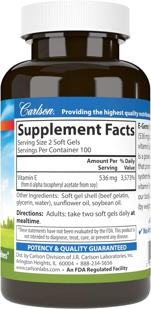 Carlson - E-Gems, 800 IU (536 mg), Heart Health & Optimal Wellness, Antioxidant, 100 soft gels
