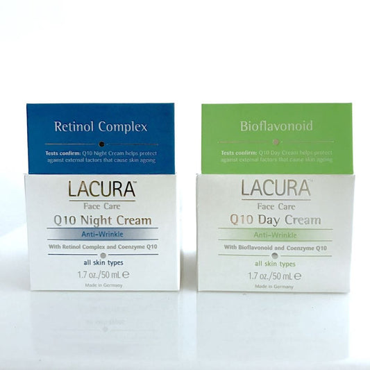 Lacura Q10 Anti-Wrinkle 1.7 Day & 1.7 Night Face Cream Moisturizer with Bioavonoid and Retinol Complex Set - All Skin Types. Dermatologist Tested European Skincare