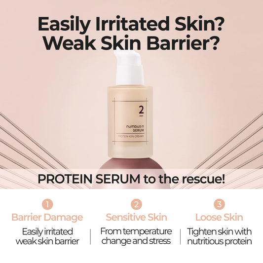 numbuzin No.2 Protein 43% Creamy Serum | Core Protein Complex, Oat Protein, Ceramide, Panthenol, Skin Barrier Strengthening, Tighten Loose Skin | Korean Skin Care for Face, 1.69