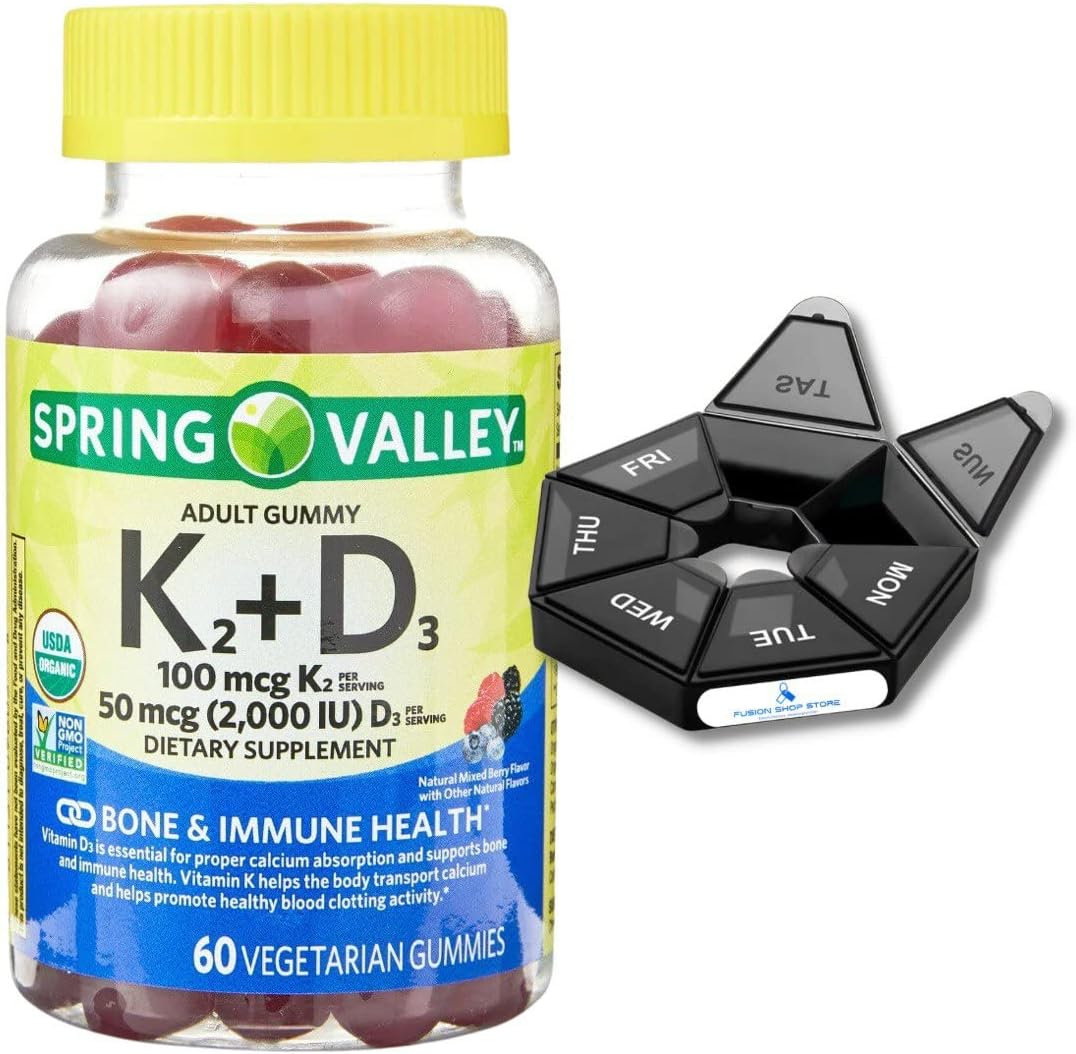 Vitamin D And K, Spring Valley Gummies 60 Count (1) Set With Fusion Shop Store Week Case (1)