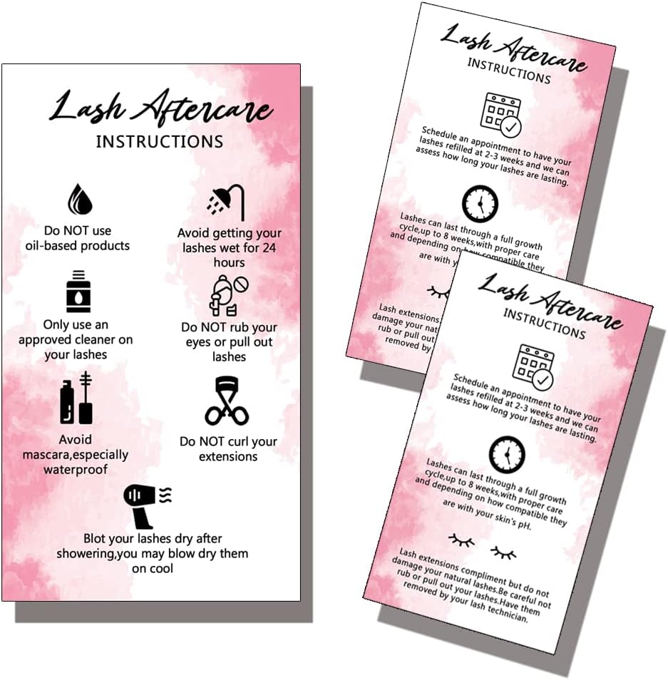 Wanyeer Lash Extension care Instructions Cards, Double Sided Size 3.5 x 2'' inch Business Card Size, After Care Card, Lash Care Card, White with Pink Watercolor Design 50 Pack, White,Pink