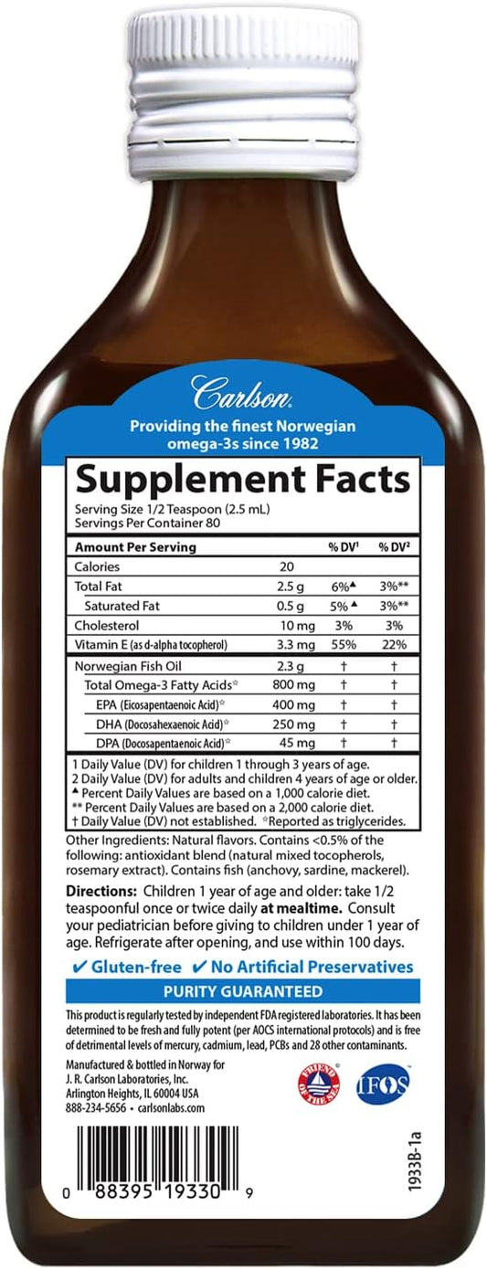 Carlson - Kid's The Very Finest Fish Oil, 800 mg Omega-3s, Liquid Fish Oil Supplement, Norwegian Fish Oil, Wild-Caught,