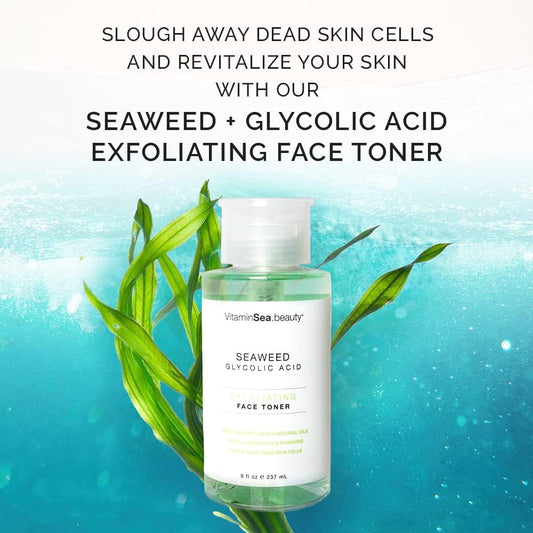 Vitamins and Sea Beauty, Exfoliating Face Toner with Glycolic Acid and Seaweed, Oil Control Facial PH Balancing Dead Skin Pore Minimizer, All Skin Types, 8