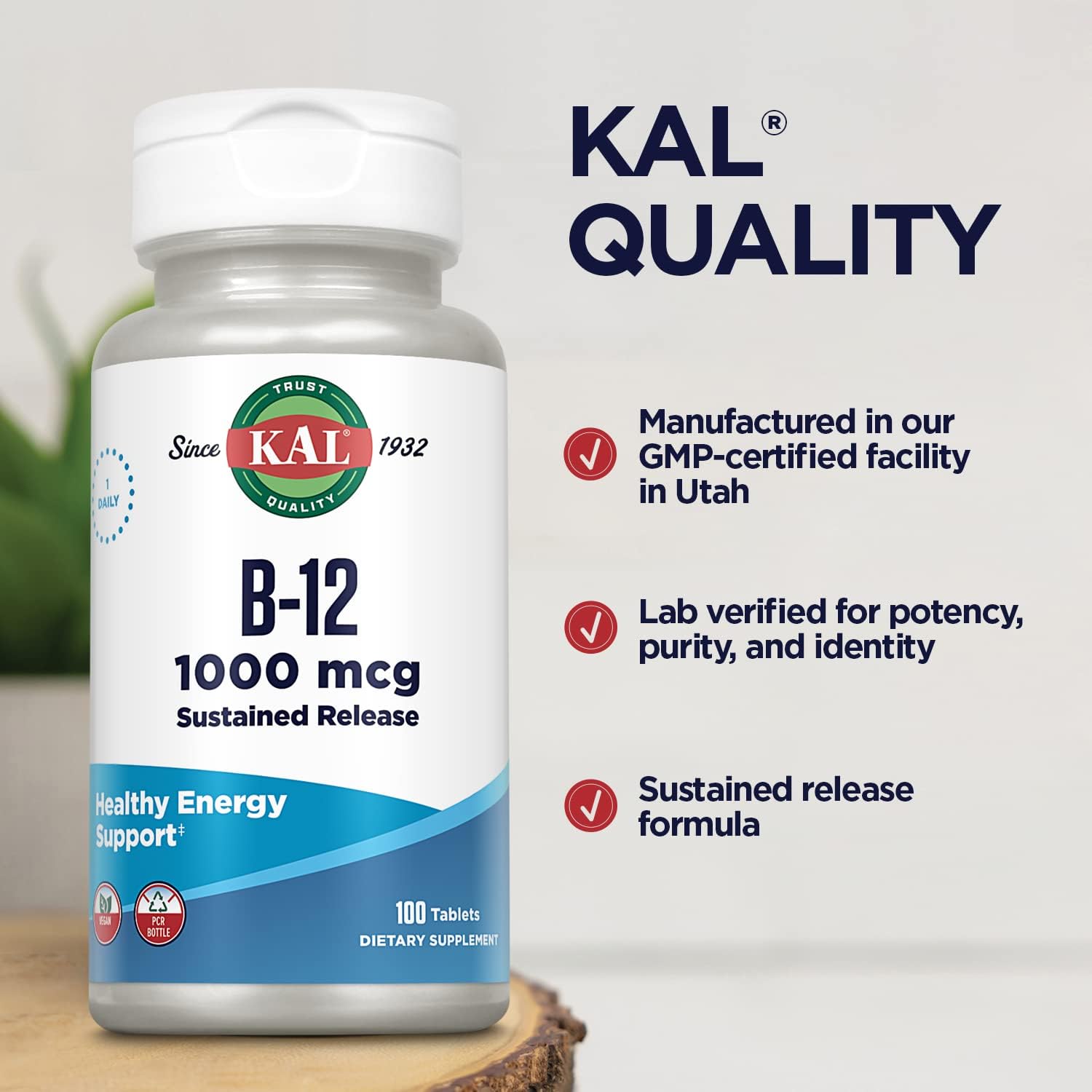 KAL Vitamin B12 1000mcg, Sustained Release Supplement for Healthy Ener