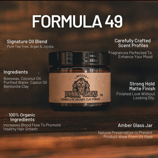 Johnny Slicks Formula 49 Clay Pomade - Organic Pomade for Men with Firm Hold & Matte Finish - Promotes Healthy Hair Growth and Helps Hydrate Dry Skin (Rugged)