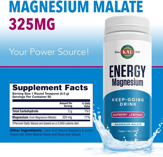 KAL Energy Magnesium Keep-Going Drink | Magnesium Malate 325mg | Healthy Metabolism & Stamina Support | 14.3oz, 90 Serv