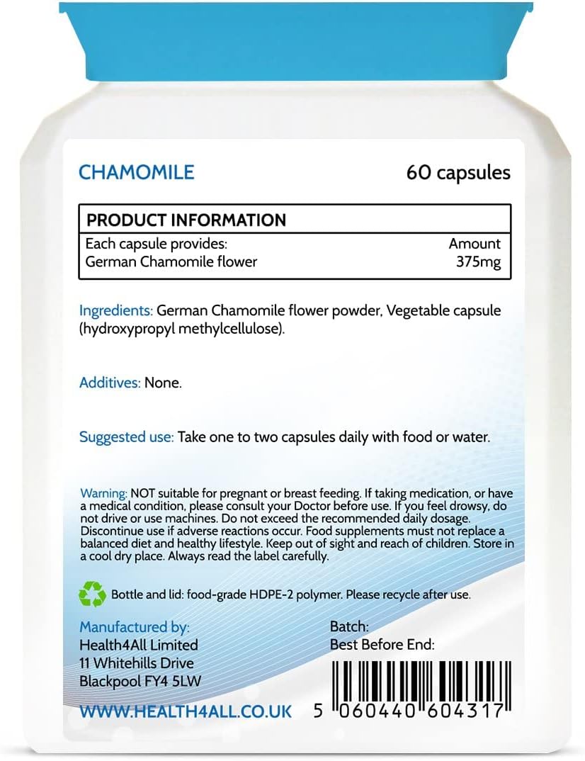 Chamomile 375mg 60 Capsules (V) .(not Tablets) Purest- no additives, V