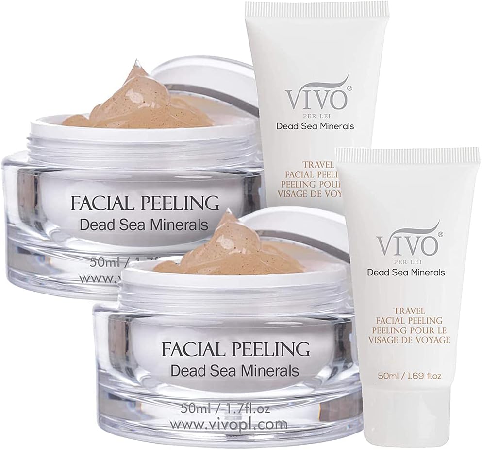Vivo Per Lei Facial Peeling Gel - Face Peel Containing Dead Sea Minerals and Nut Shell Powder - Exfoliating Gel And Blackhead Remover (Pack of 2) Includes 2 Travel Facial Peel tubes