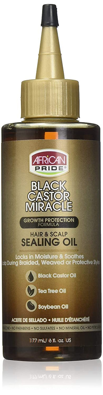 African Pride Black Castor Miracle Hair & Scalp Sealing Oil - Locks in Moisture & Soothes, Contains Black Castor/Tea Tree/Soybean Oil, 6