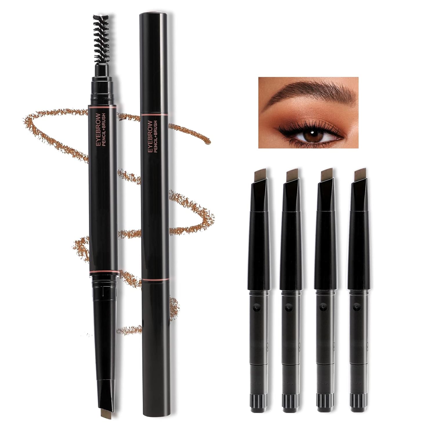 Boobeen Brow Definer Pencil Waterproof Eyebrow Pencil Set Fills Brows - Double-Headed Brow Pencil with 4 Replaceable Refills, Durable and Long Lasting