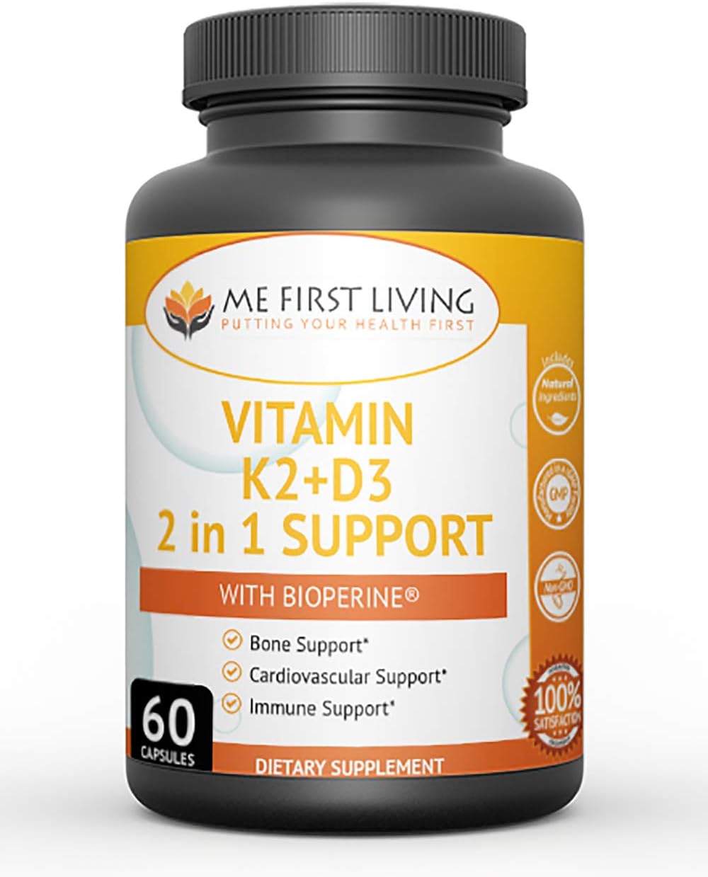 Me First Living Vitamin K2 (Mk7) With D3 Supplement Bone And Heart Health Non-Gmo Formula 125 Mcg Vitamin D3 & 100 Mcg V