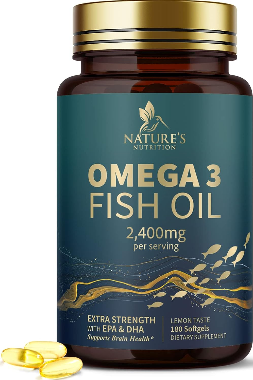 Fish Oil 2400 mg with Omega 3 EPA & DHA - Triple Strength Omega 3 Supplement - Omega 3 Fish Oil Supports Heart Health, N