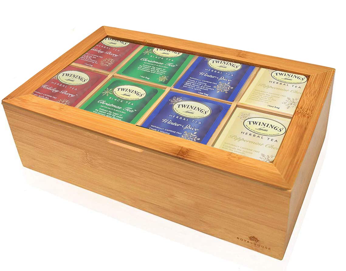 BLUE RIBBON Twinings Tea Bags in Bamboo Gift Box (40 Count) 4 Seasonal Collection Flavors Perfect Seasonal Gifts for Women Men Friends Couples Mom Dad