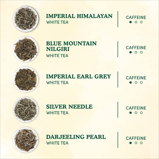 VAHDAM, White Tea Loose Leaf Sampler (25 Cups) 5 Tea Variety Pack - Himalaya White Tea, Silver Needle White Tea, Blue Mountain White Tea, Pearl Darjeeling White Tea Leaves | Tea Sampler