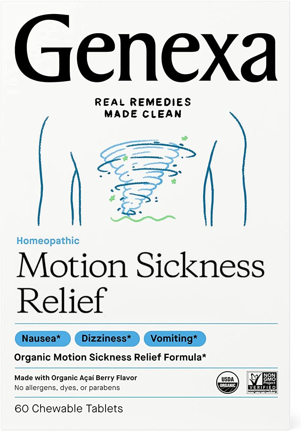 Genexa Motion Sickness Relief - 60 Chewable Tablets - Multi-Symptom Na2.08 Ounces