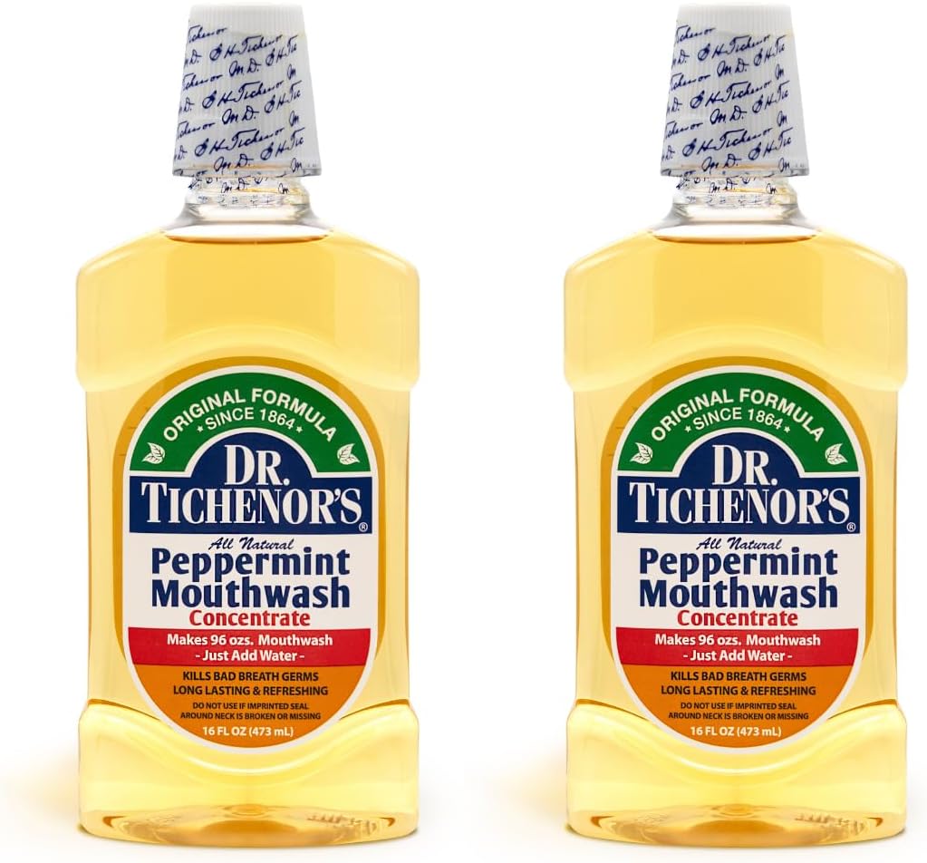 Dr. Tichenor's Peppermint Mouthwash Concentrate - Oral Rinse for Bad Breath and Oral Health with a Minty Punch for Soothing Relief of Minor Sore Throat Irritation - 16  (Pack of 2)