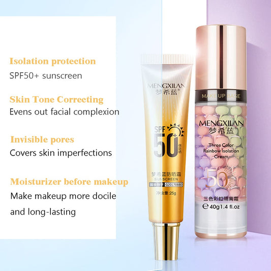 Makeup Primer and Sunscreen Set, Isolation Cream Invisible Pore, Sunscreen lotion spf 50, Skin Tone Correcting and Brightening Primer, Cover Acne Marks, Oil Control Moisturizing