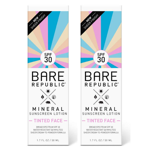 Bare Republic Tinted Mineral Sunscreen SPF 30 Sunblock Face Lotion, Sheer and Non-Greasy Finish, 1.7  , 2 Pack