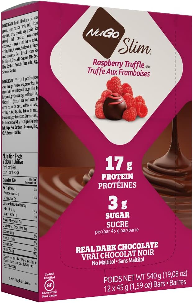 NuGo Slim Dark Chocolate Raspberry Truffle, 17g Protein, 2g Sugar, 7g 1.6 Ounces