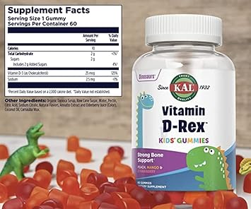 KAL Vitamin D-Rex - Vitamin D Gummies for Kids - Kids Vitamin D3 - Peach, Mango, and Strawberry avors - Immune, Heart, Bone & Oral Support - Vegetarian, Gluten Free - 60 Servings, 60 Gummies