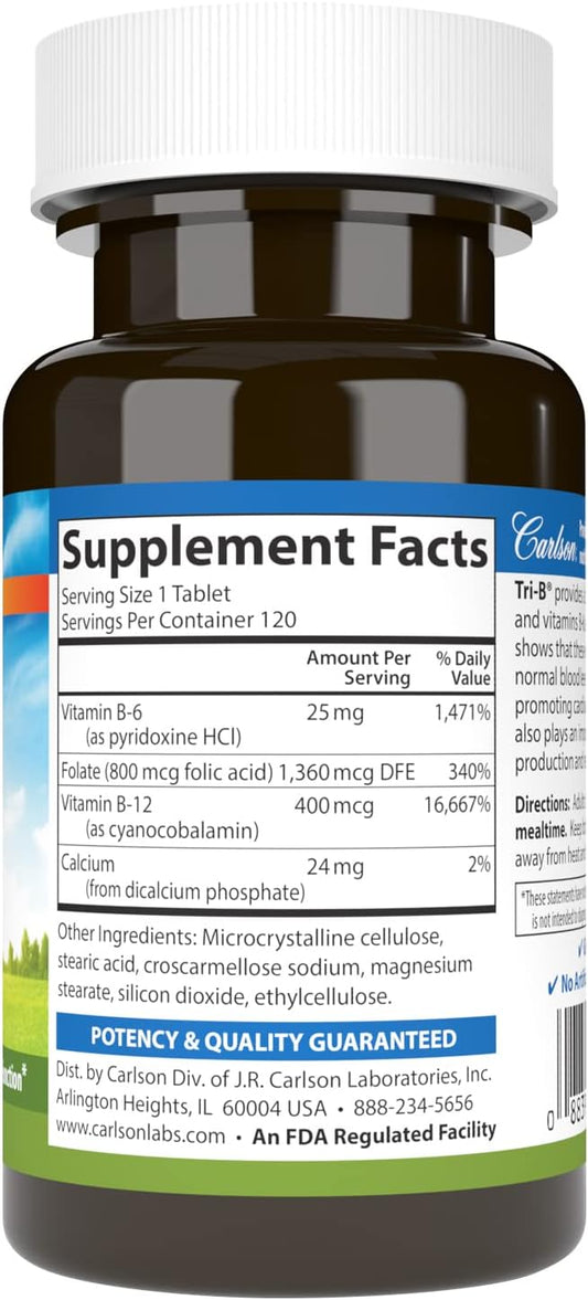 Carlson - Tri-B, Vitamin B Complex, 25 mg Vitamin B-6, 400 mcg Vitamin
