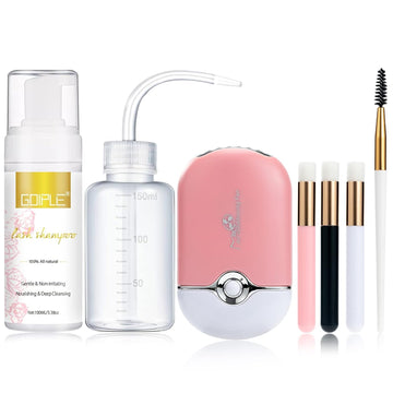 WUTUNT 100 Eyelash Extension Cleanser Lash Mousse, USB Mini Portable Fan Rechargeable Electric Handheld Air Conditioning Shampoo Brush Plastic Wash Bottle Kit