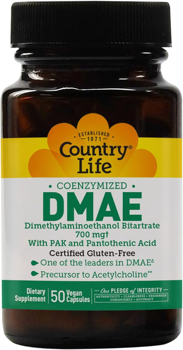 Country Life DMAE Caps 700mg, 50 Vegetarian Capsules, Certified Gluten