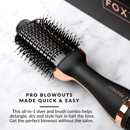 FoxyBae Blowout Brush Hair Dryer - Professional Blow Dryer Brush with Nylon and Boar Bristles - 60mm Hair Dryer Brush and Volumizer in One - Salon-Grade Rose Gold Hot Air Brush (Small)