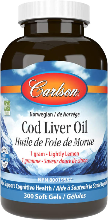 Carlson - Cod Liver Oil, 460 mg Omega-3s + Vitamins A & D3, Wild-Caught Norwegian Arctic Cod-Liver Oil, Sustainably Sourced Nordic Fish Oil Capsules, Lemon, 300 Softgels