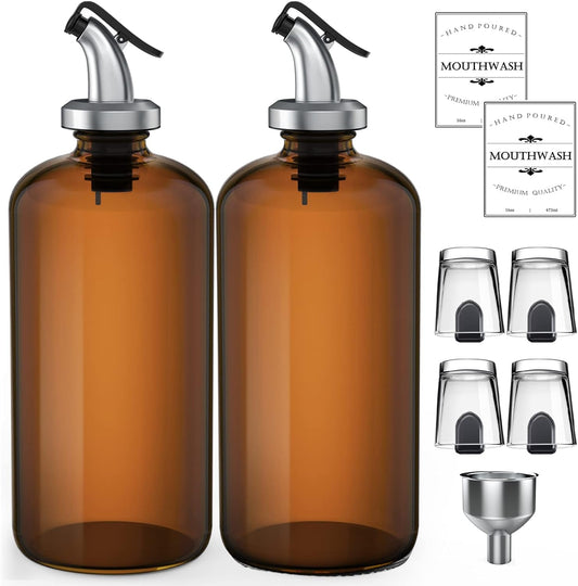 16 Amber Glass Mouthwash Dispenser for Bathroom, 2 Pack Thick Mouthwash Bottles Container with 2 Pour Spouts, 4 Reusable Mouthwash Cups, 2 Waterproof Labels and Funnel
