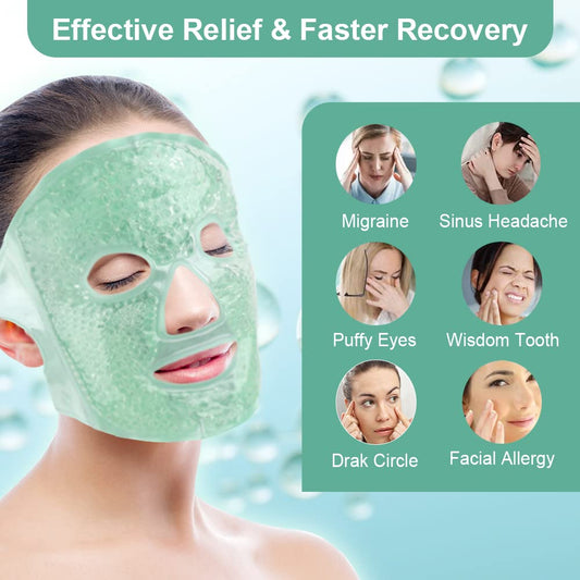 NEWGO Face Ice Pack Gel Face Mask Reusable, Gel Eye Mask Hot Cold Therapy Full Face Mask for Migraines, Headache, Stress, Redness, Puffiness, Acne - Green