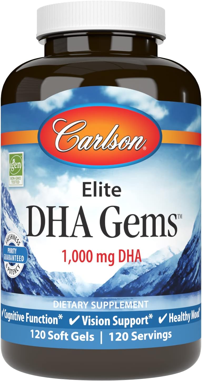 Carlson - Elite DHA Gems, 1000 mg DHA, Wild Caught, Sustainably Sourced, Brain Function & Healthy Vision, 120 Softgels