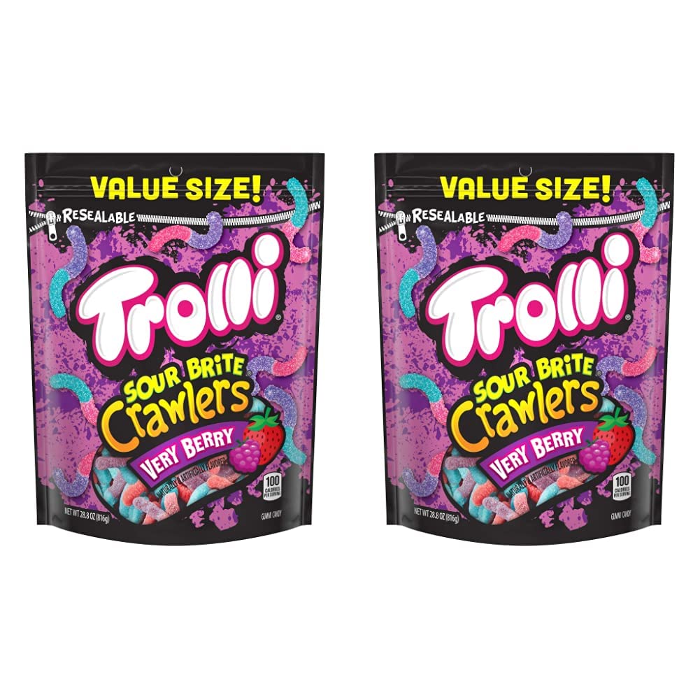 Trolli Sour Brite Crawlers, Very Berry, Sour Gummy Worms, 28.8 Ounce Resealable Bag (Pack of 2)