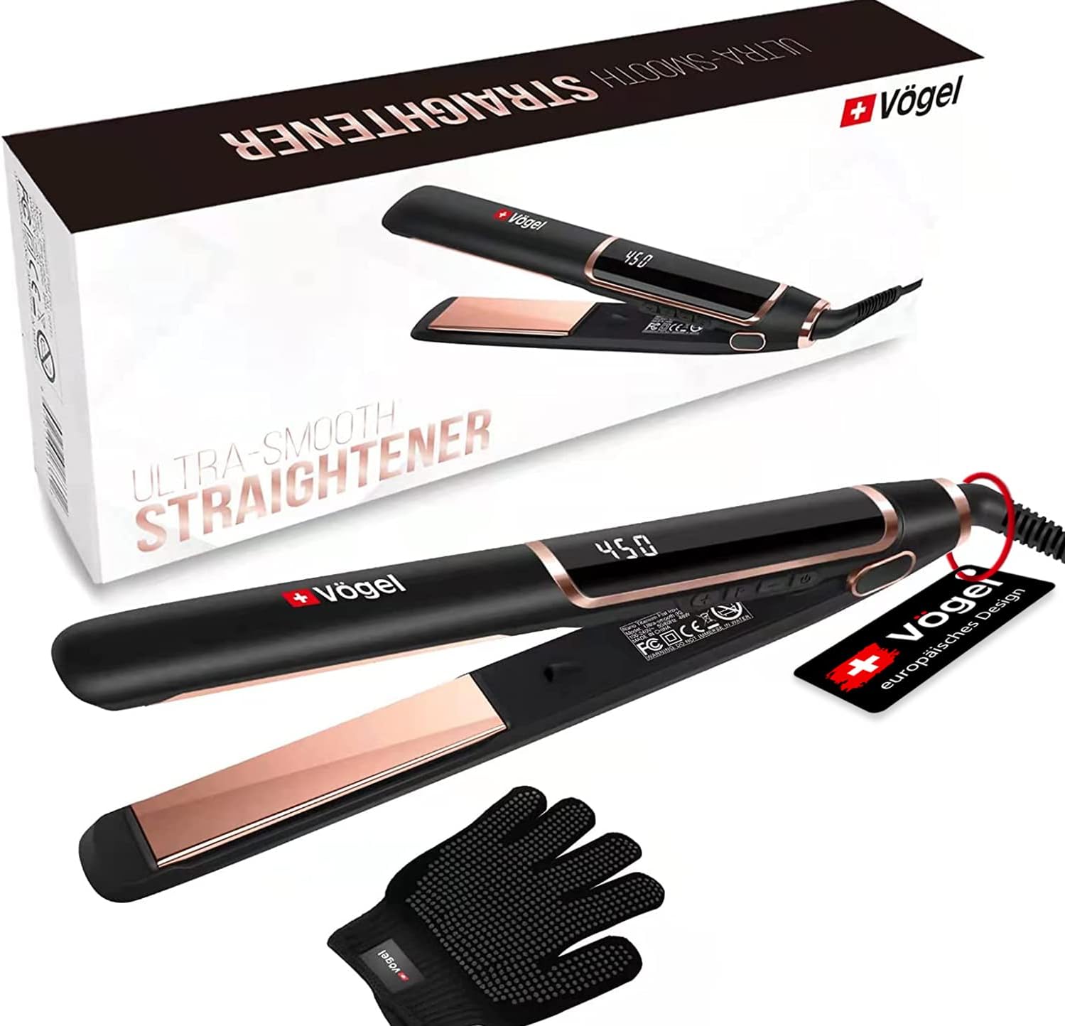 Vögel Nano Titanium Hair Straightener at Iron-Professional Hair Straightener and Curler 2 in 1, Fast Heating Ionic at Iron Hair Straightener, Dual Voltage 1 Inch Hair Iron Incl Gloves, Argan Oil