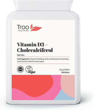 Vitamin D3 25Æg 1000Iu Supplement - 180 High Strength Vegan Vit D Tabl70 Grams