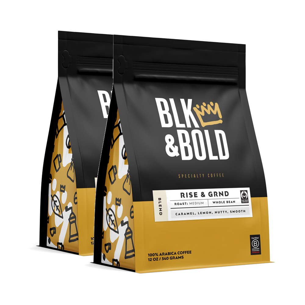 BLK & Bold | Rise & GRND Coffee Blend | Fair Trade Certified | Medium Roast | Whole Bean Coffee | 2 pack bags