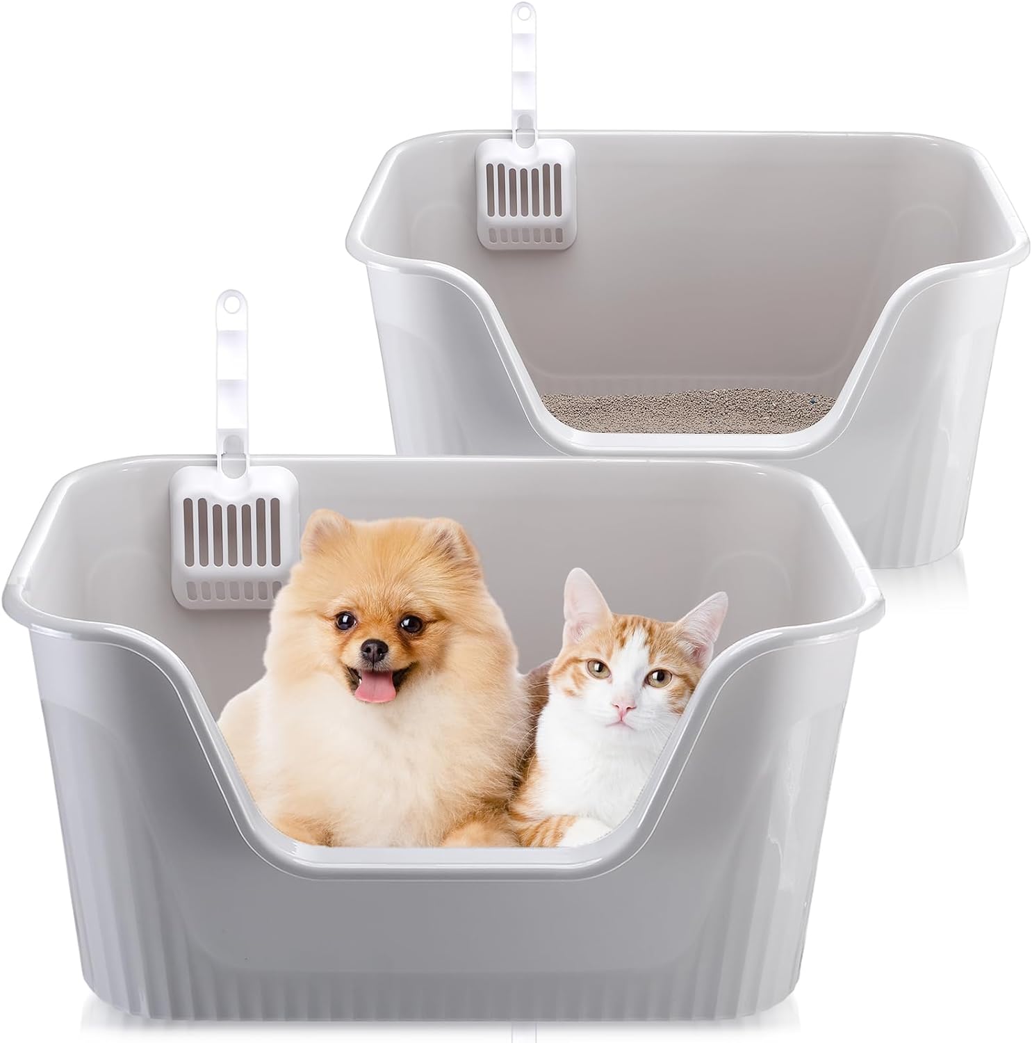 Yungyan 2 Pcs Large Cat Litter Box with High Sides, 25 x 18 x 13'' Extra Large Cat Litter Box with Scoop Indoor Open Top