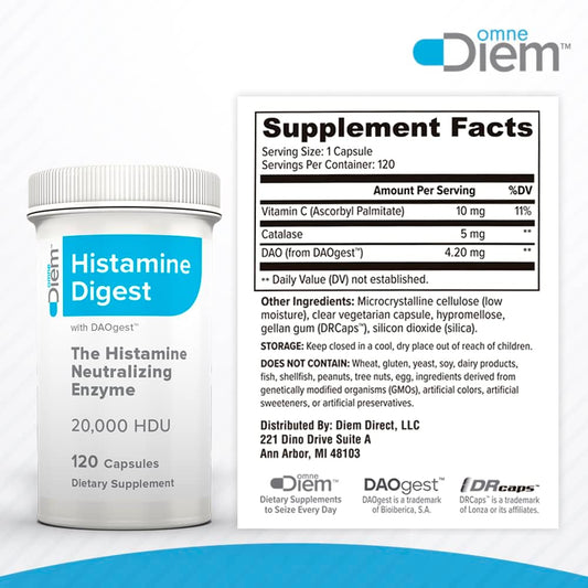 Omne Diem Histamine Digest DAO 20,000 HDU - 120 Caps - Histamine Neutr2.08 Ounces