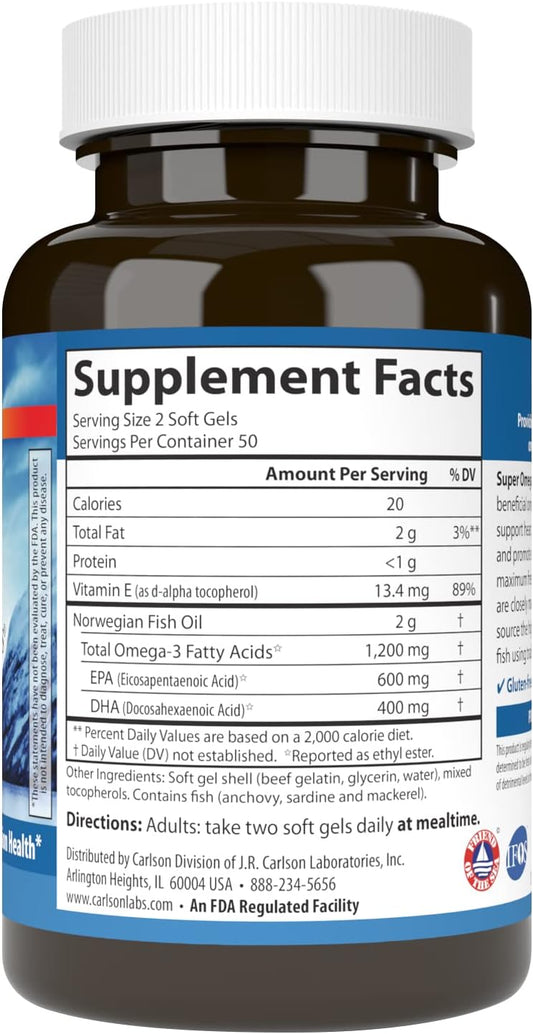 Carlson - Super Omega-3 Gems, 1200 mg Omega-3s, with EPA and DHA, Wild Caught Norwegian Fish Oil Supplement, Sustainably Sourced Fish Oil Capsules, Omega 3 Supplements, 100 Softgels