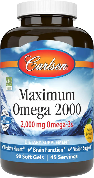 Carlson - Maximum Omega 2000, 2000 mg Omega-3s, Healthy Heart, Brain Function & Vision Support, Lemon, 90 soft gels