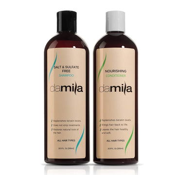Damila Salt & Sulfate Free Shampoo & Conditioner for Keratin and Color Treated Hair - Professional Keratin Value Pack for Damaged, Frizzy, Curly, Dry & Thin Hair - Shampoo Sin Sal - 16.9
