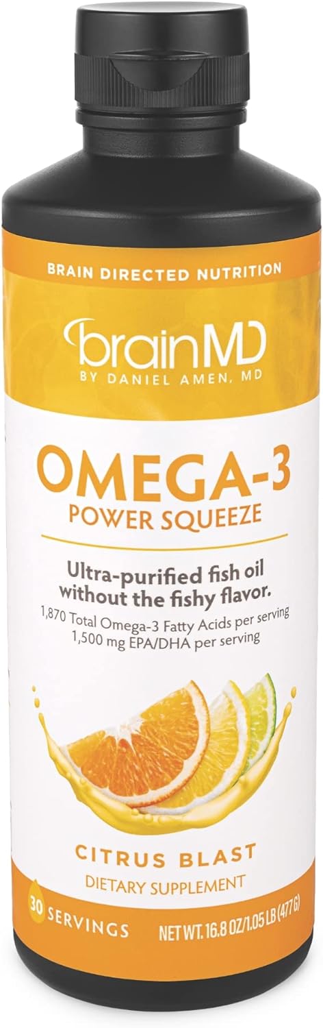BRAINMD Dr Amen Omega-3 Power Squeeze, Citrus Blast - 16.8 oz - Supports Cardiovascular, Brain & Immune System Health -