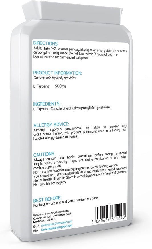 L-Tyrosine 500Mg 120 Capsules - Pure Amino Acid With No Fillers Or Bin81 Grams