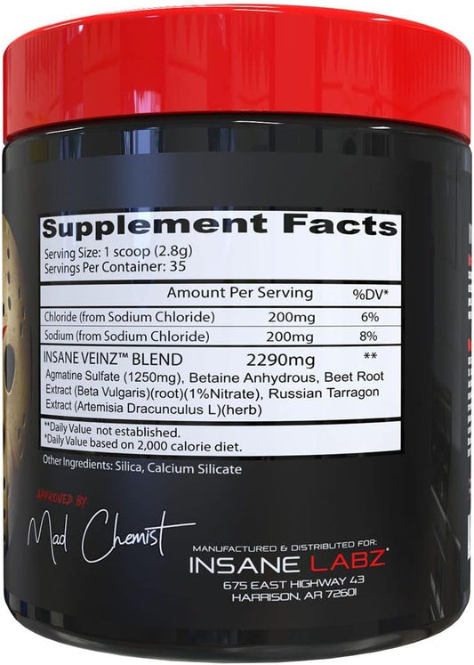 Insane Labz Insane Veinz Non Stimulant NO Enhancing Powder, Nitric Oxide Booster, Loaded with Agmatine Sulfate and Betai